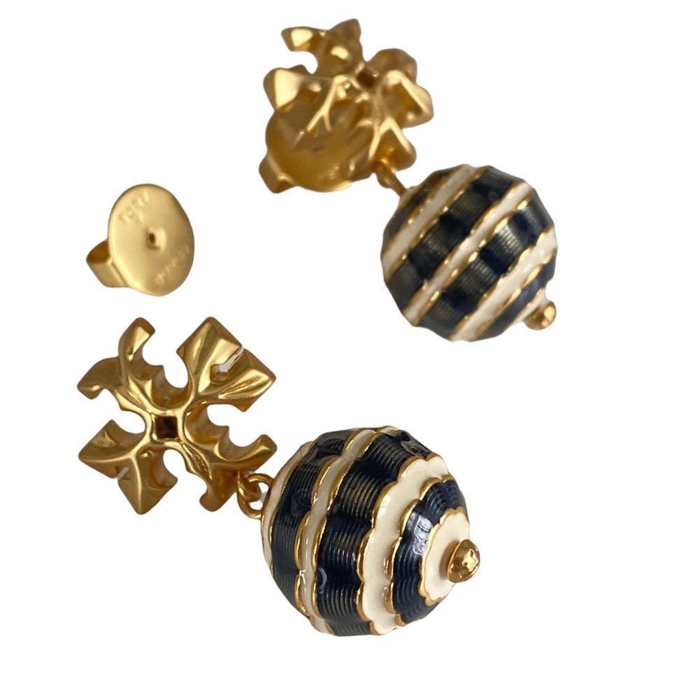 Auth NEW Tory Burch Navy New Roxanne Small Drop Stripe Earrings w/Card/Bag $168 - Picture 5 of 7